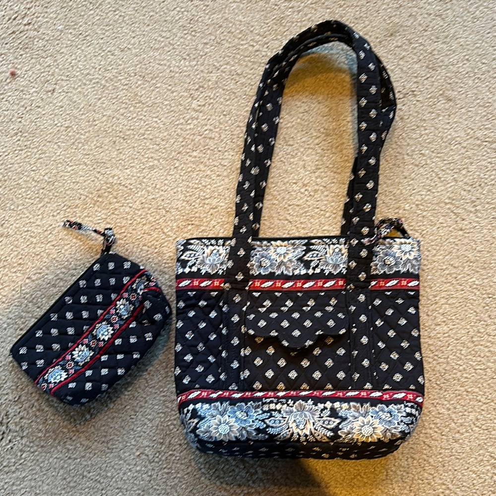 Vera Bradley Vintage Classic Black and Red Shoulder Bag with Make Up bag